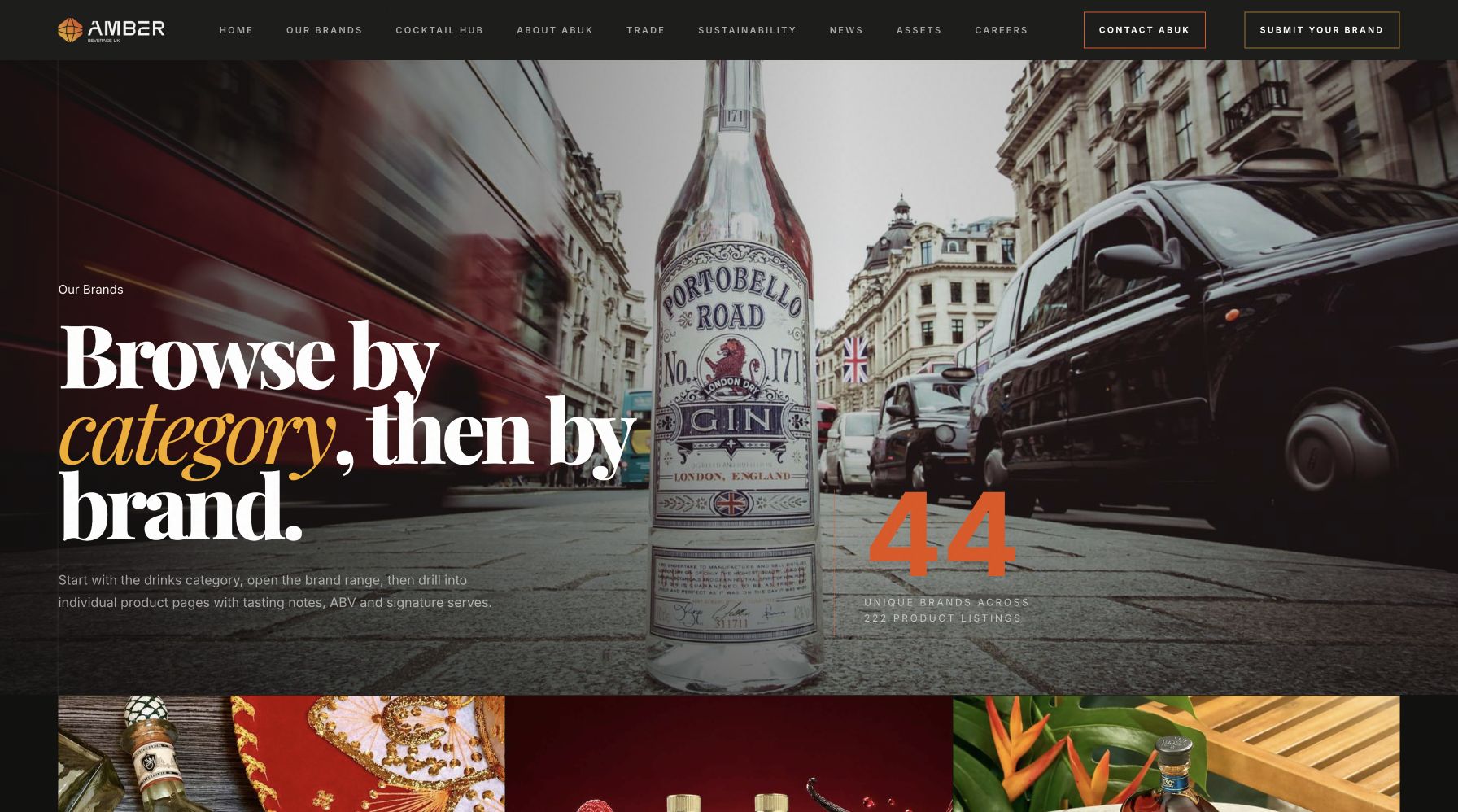 Category navigation: a clear route from the wider portfolio into individual brand ranges.