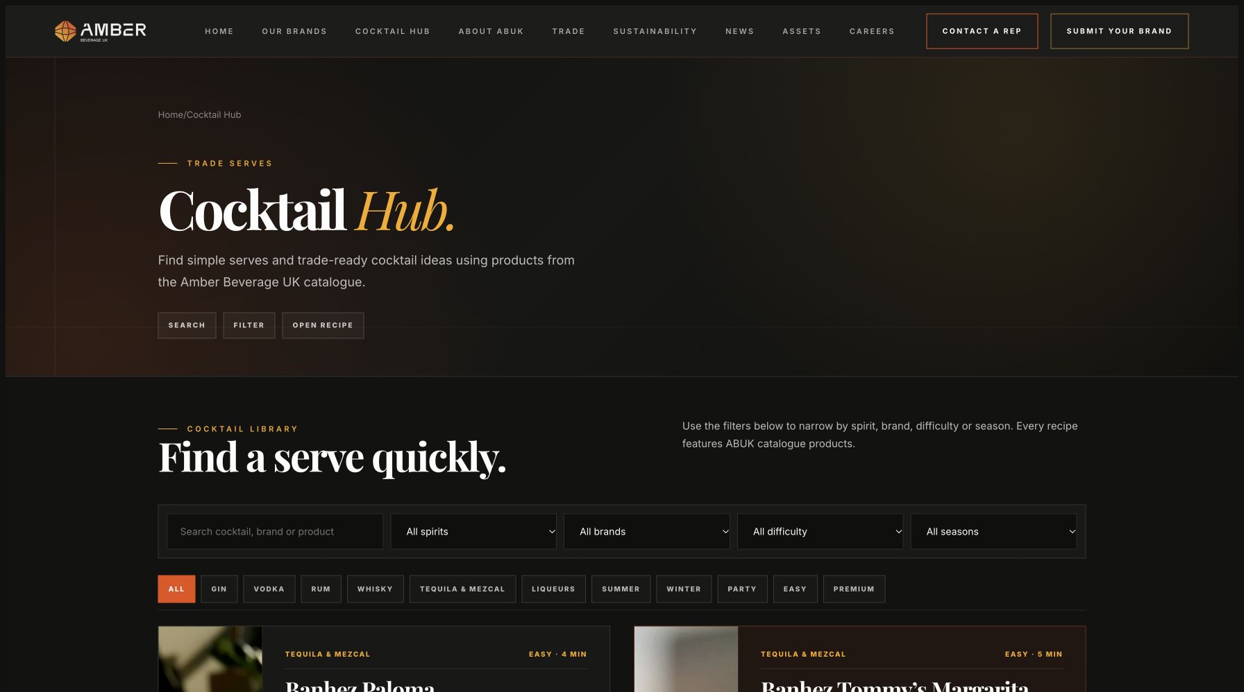 The Cocktail Hub, with searchable serving ideas and filters.