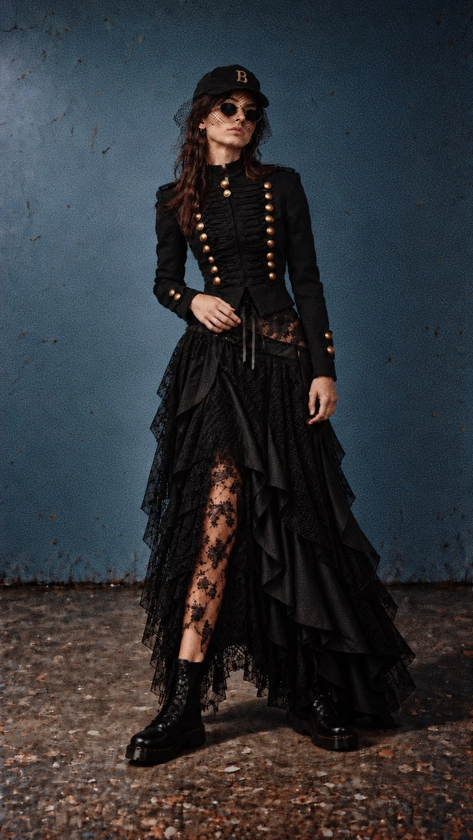 Fashion concept 042 — Black lace, buttoned coat