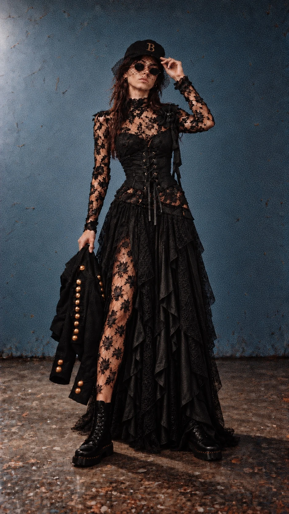 Black lace, strong silhouette